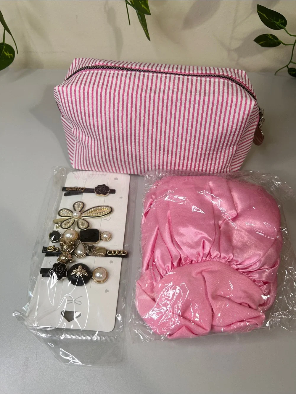 Coordinated Pink Hair Accessory Set with Striped Cosmetic Pouch